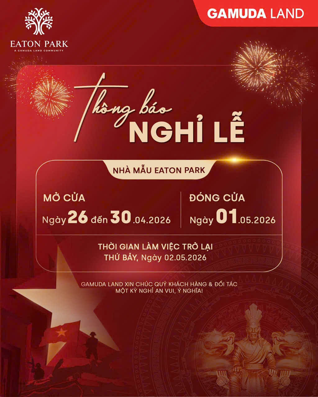 Eaton Park thông báo nghĩ lễ 30-04 & 01-05