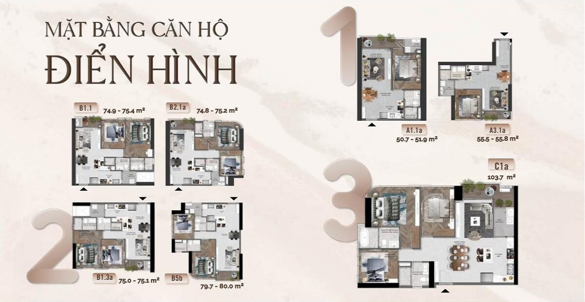 mặt bằng căn hộ điển hình Eaton Park 1, 2 và 3 phòng ngủ